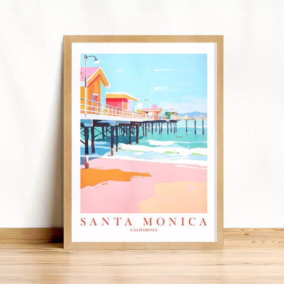 Santa Monica California Pier Sunny Retro Beach Travel Poster