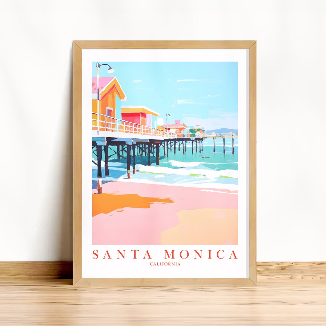 Santa Monica California Pier Sunny Retro Beach Travel Poster