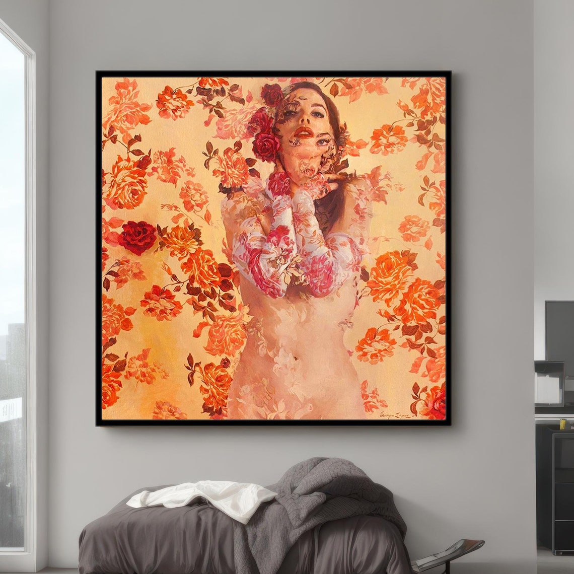 Floral Woman Orange Roses Double Exposure Botanical Art Poster