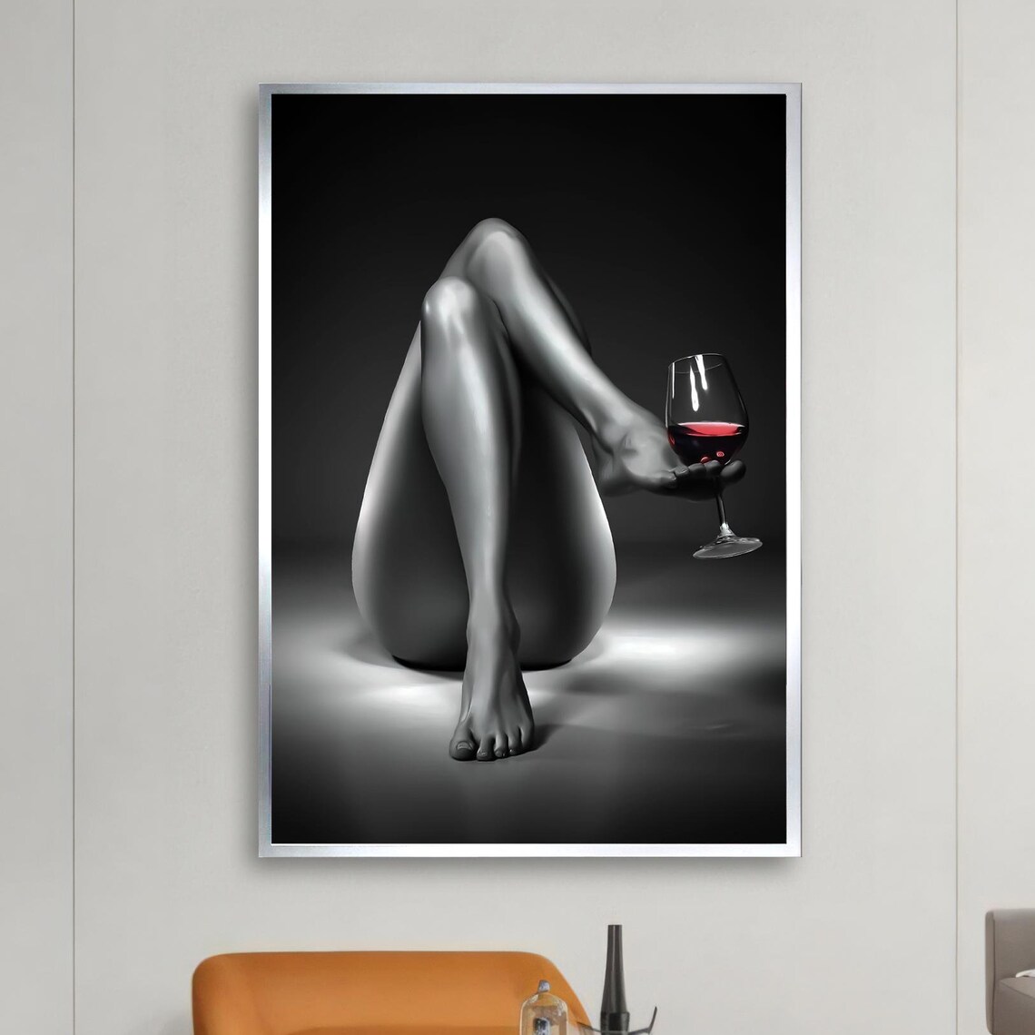 Nude Woman Legs Holding Red Wine Glass Black and White Photo Poster