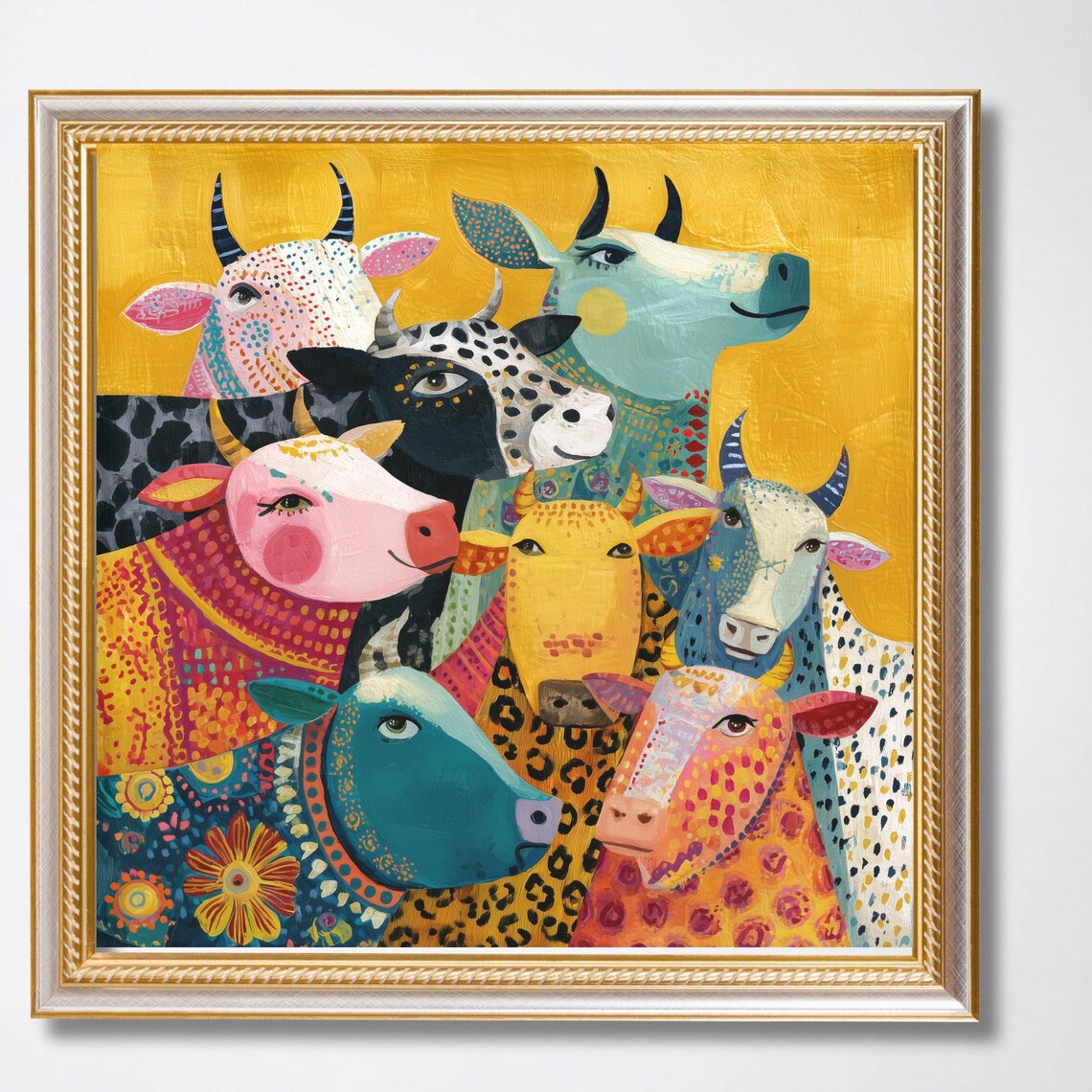 Colorful Folk Art Cow Faces Mustard Yellow Whimsical Farm Art Poster