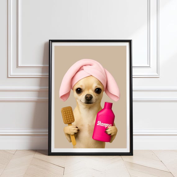 Funny Chihuahua Bathroom Print Dog Grooming Spa Art