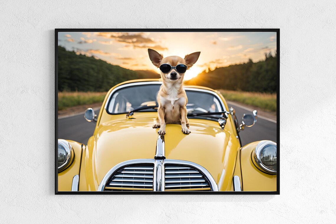 Chihuahua in Sunglasses on Vintage Yellow Car Sunset Road Trip Poster