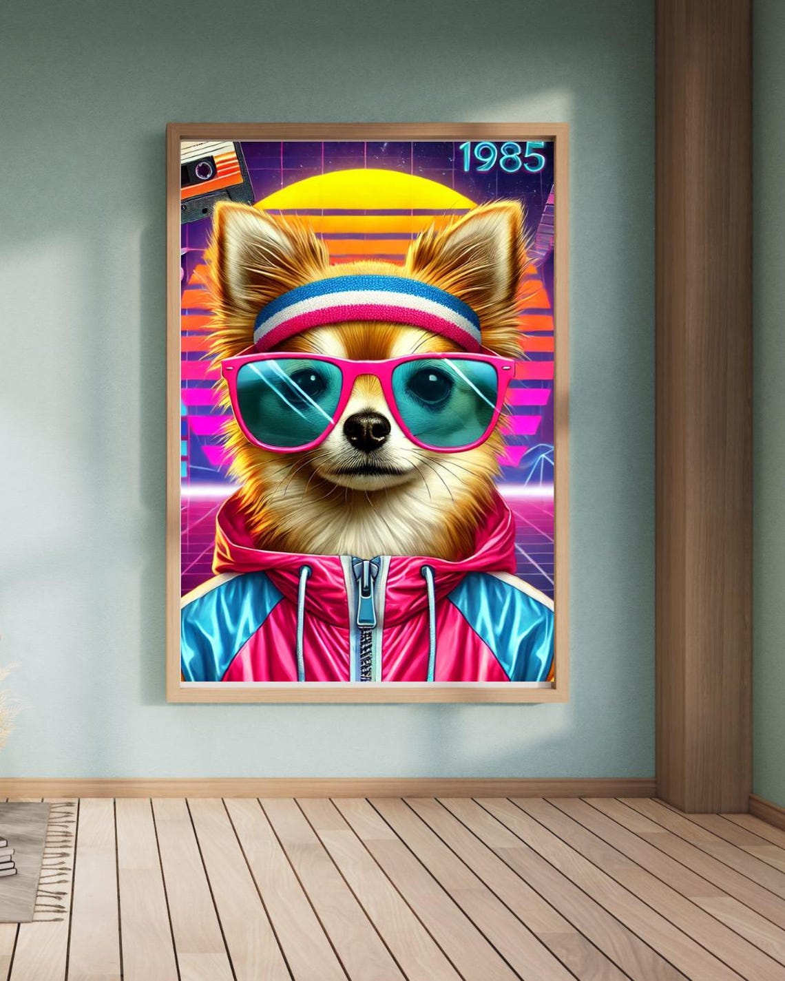 1985 Retro Chihuahua Synthwave Pink Sunglasses 80s Pop Culture Poster