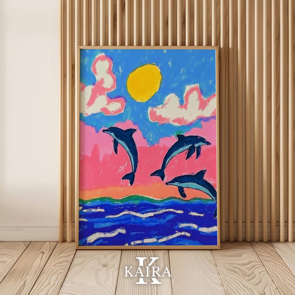 Three Dolphins Leaping Over Ocean Waves Under a Sunset Sky Poster