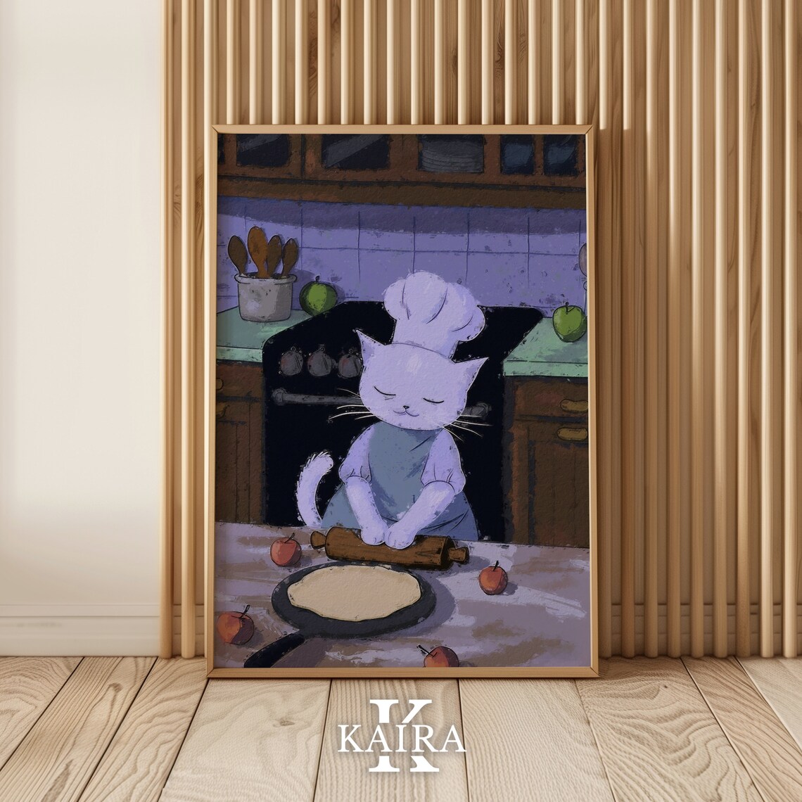 White Chef Cat Rolling Out Dough In A Cozy Kitchen Whimsical Art Poster - Image 2
