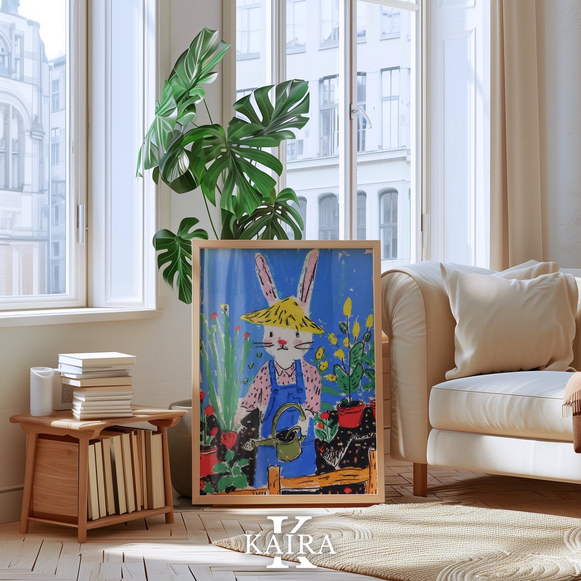 Cute Bunny Gardener Watering Flowers in Overalls and Straw Hat Poster - Image 5
