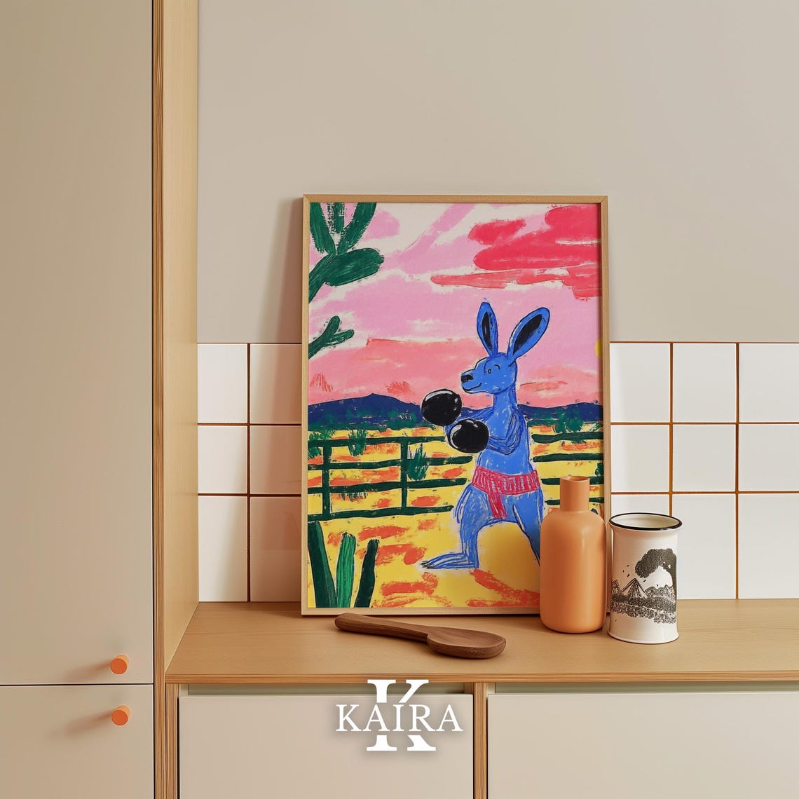 Blue Boxing Kangaroo in Red Shorts at an Outback Sunset Poster - Image 3