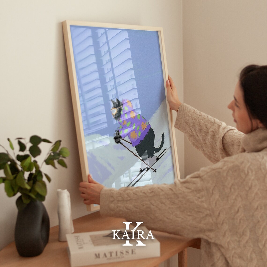 Black Cat Skiing Downhill In Purple Floral Jacket Winter Sports Art Poster - Image 3