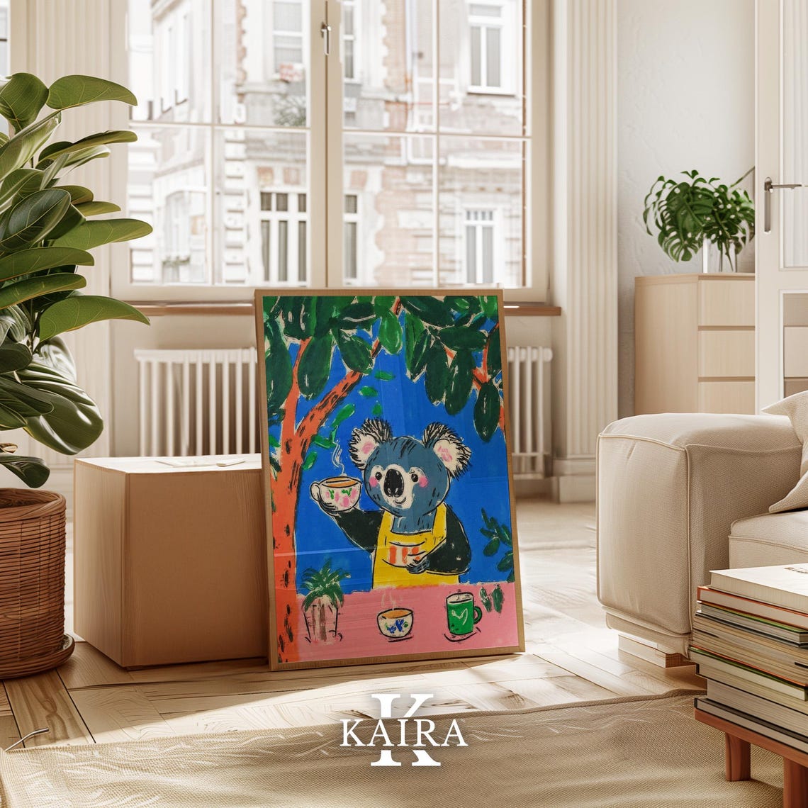 Friendly Koala in a Yellow Apron Serving Tea Under a Tree Poster - Image 3