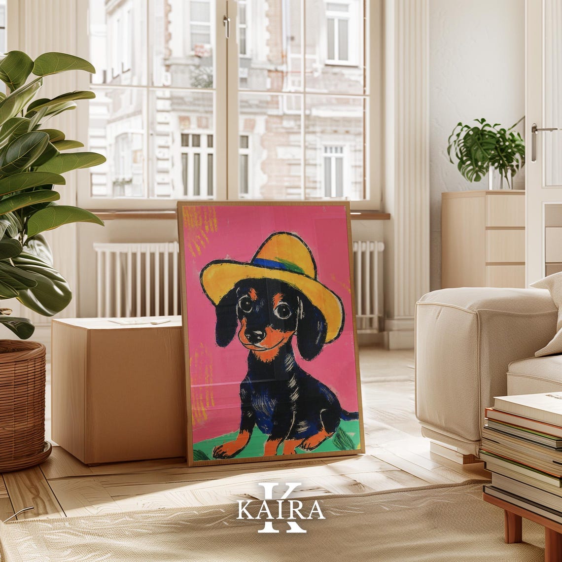 Black And Tan Dachshund Puppy Wearing A Yellow Sun Hat Poster - Image 3