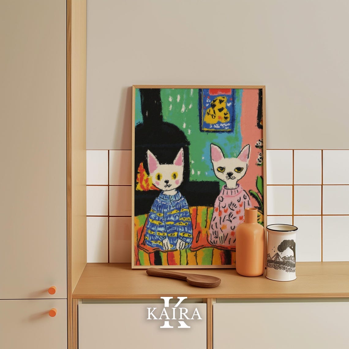 Two Cats Wearing Cozy Patterned Sweaters by a Warm Fireplace Poster - Image 5