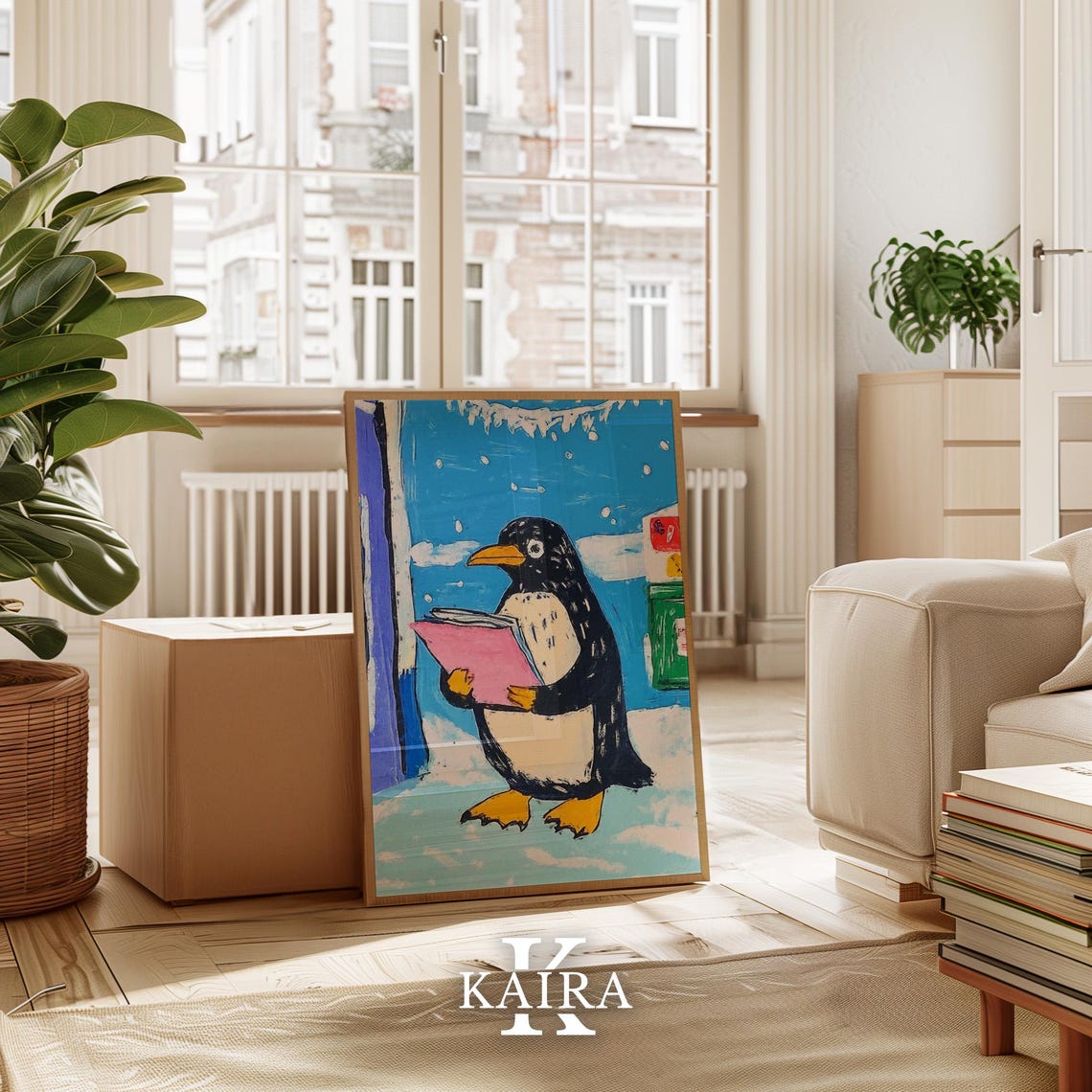 Cute Penguin Reading a Pink Book in Gently Falling Snow Poster - Image 3