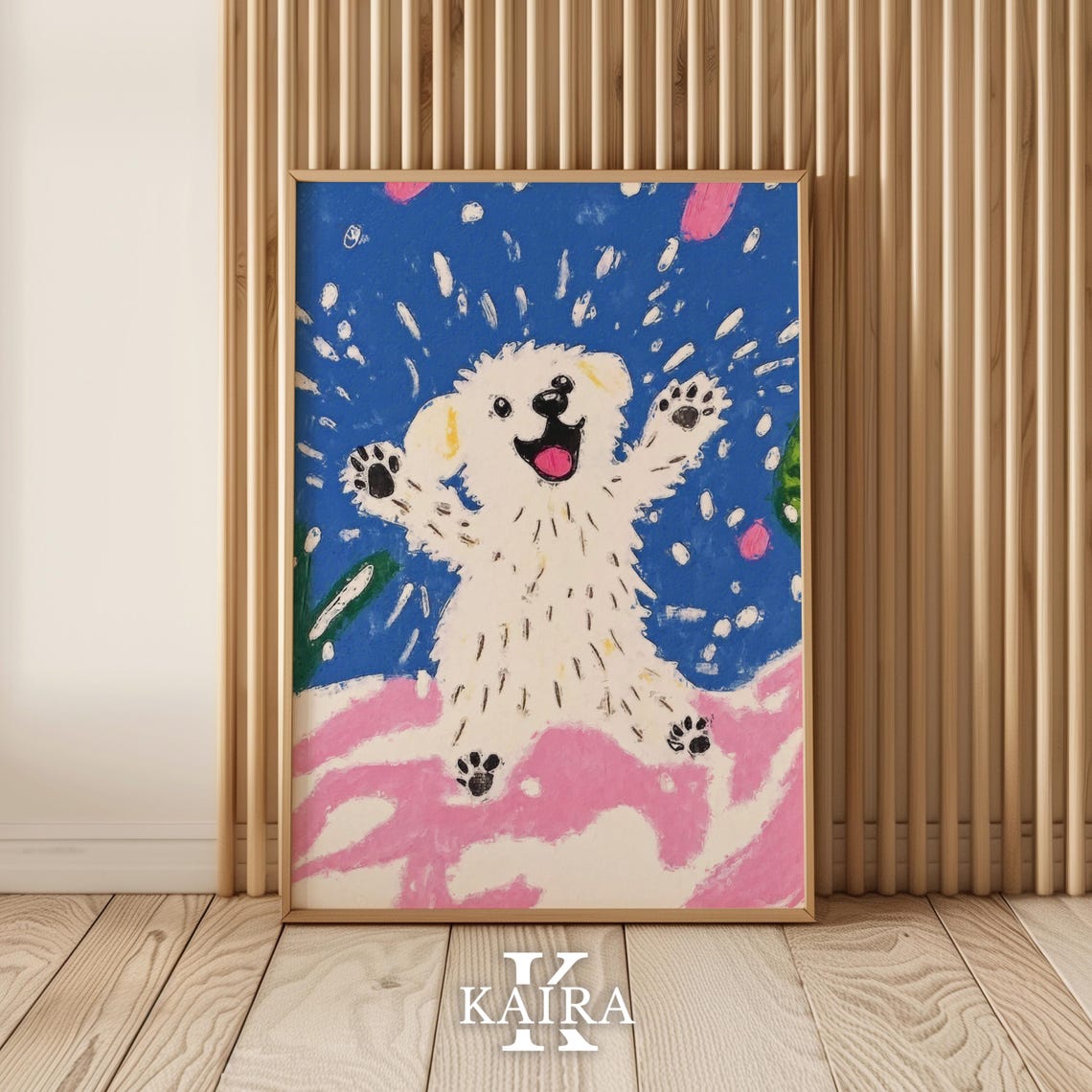 Excited White Puppy Jumping Joyfully In Pink And Blue Snow Poster - Image 5