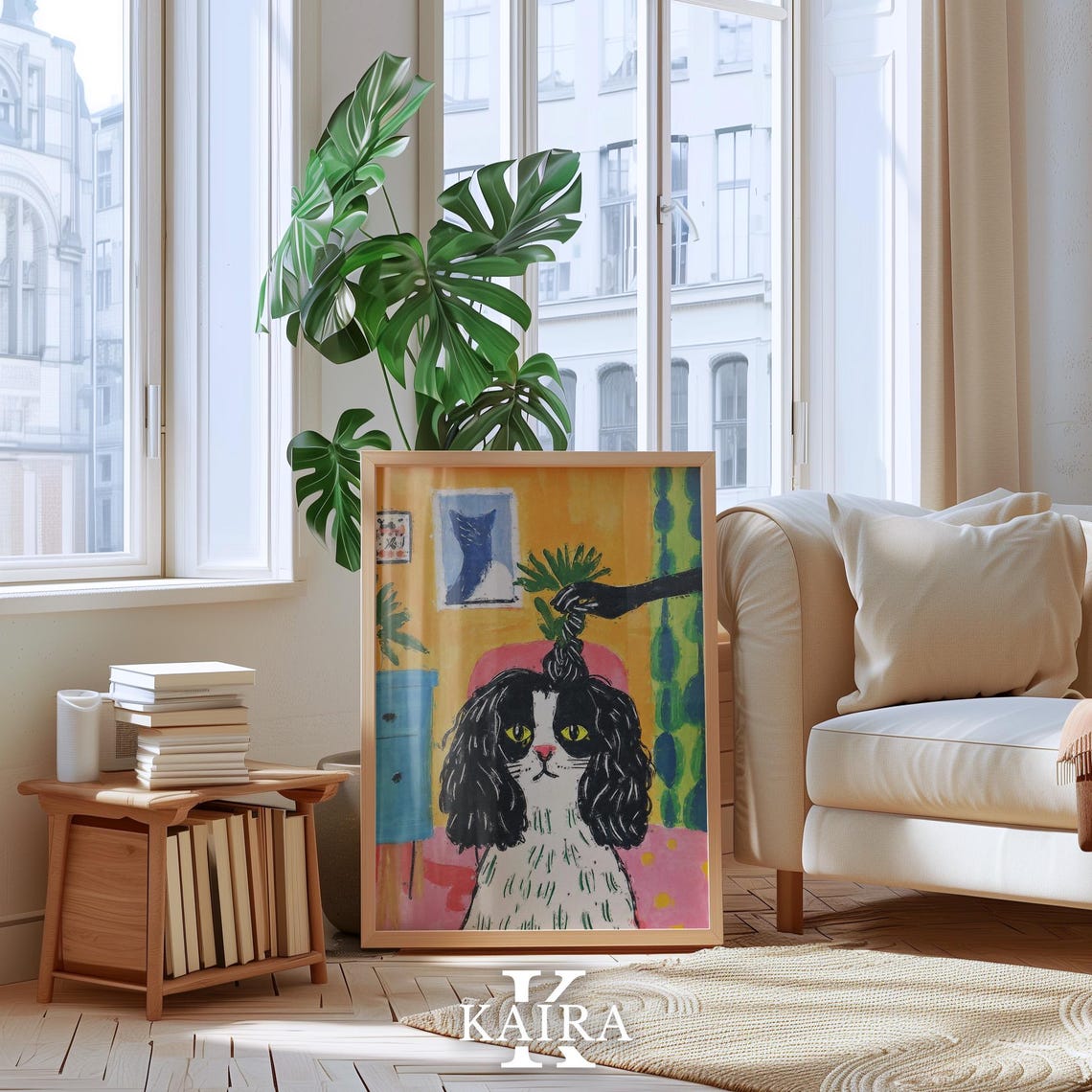 Black and White Dog With Yellow Eyes in a Colorful Room Poster - Image 4