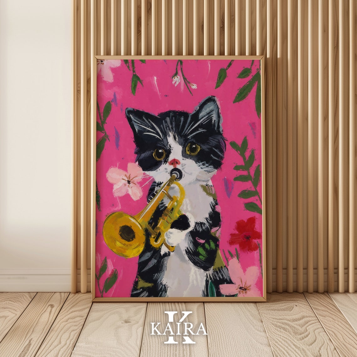 Playful Tuxedo Kitten Playing Golden Trumpet On Pink Floral Poster - Image 2