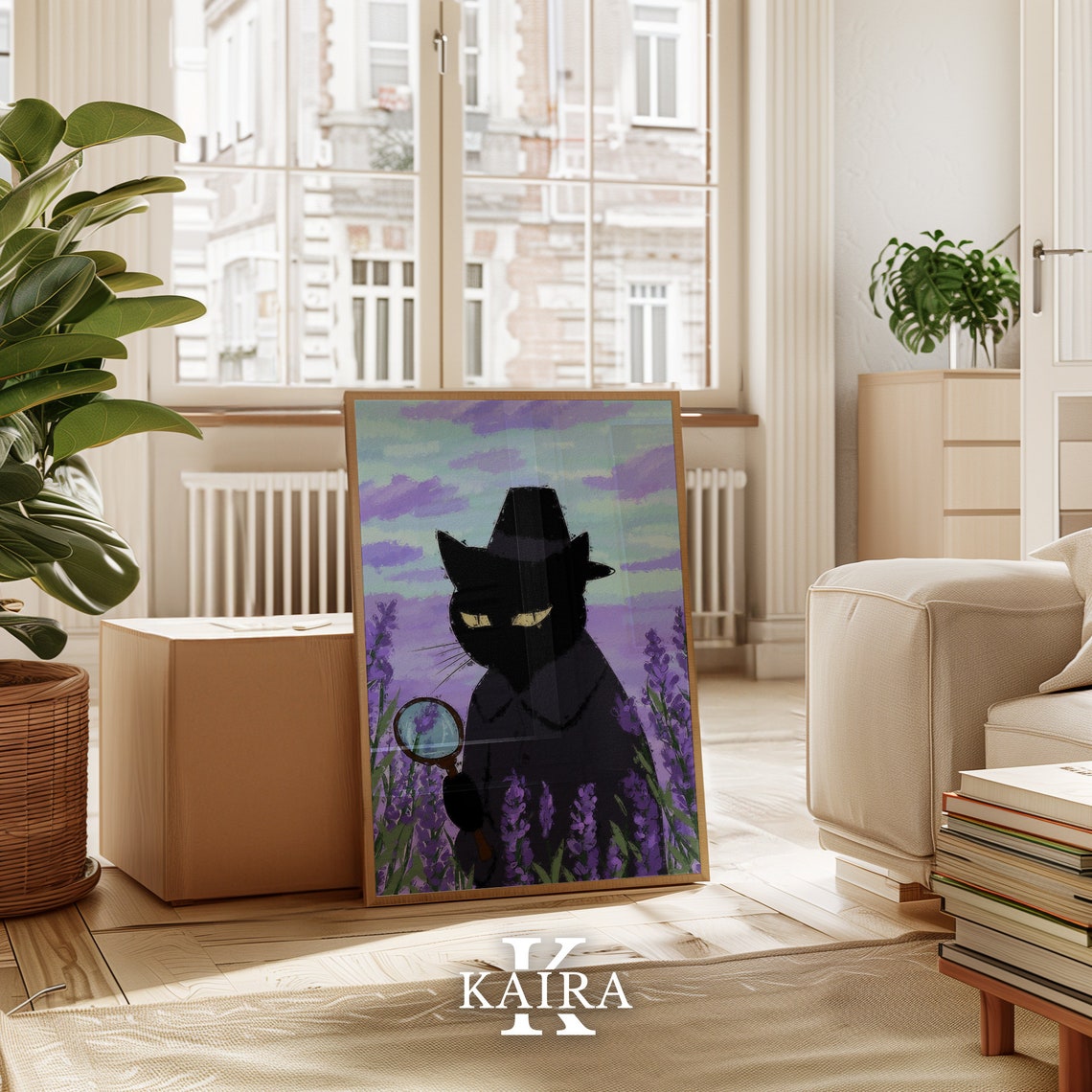 Black Detective Cat With Magnifying Glass In Lavender Field Poster - Image 3