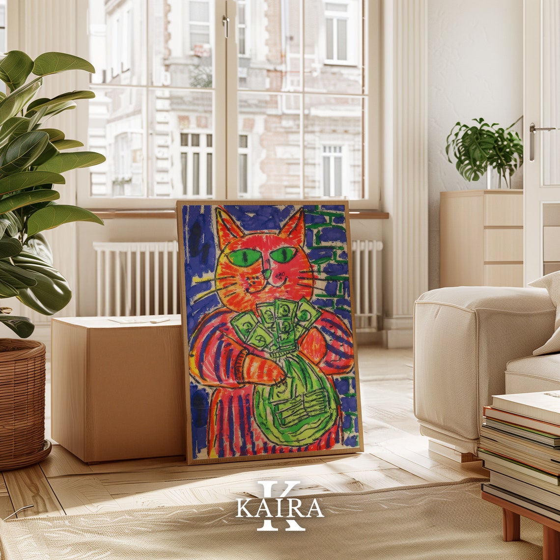 Orange Cat Holding Money Bag Dollar Bills Funny Cartoon Poster - Image 2