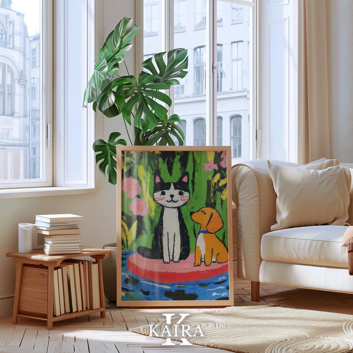 Black and White Cat With an Orange Puppy by a Garden Pond Poster - Image 4