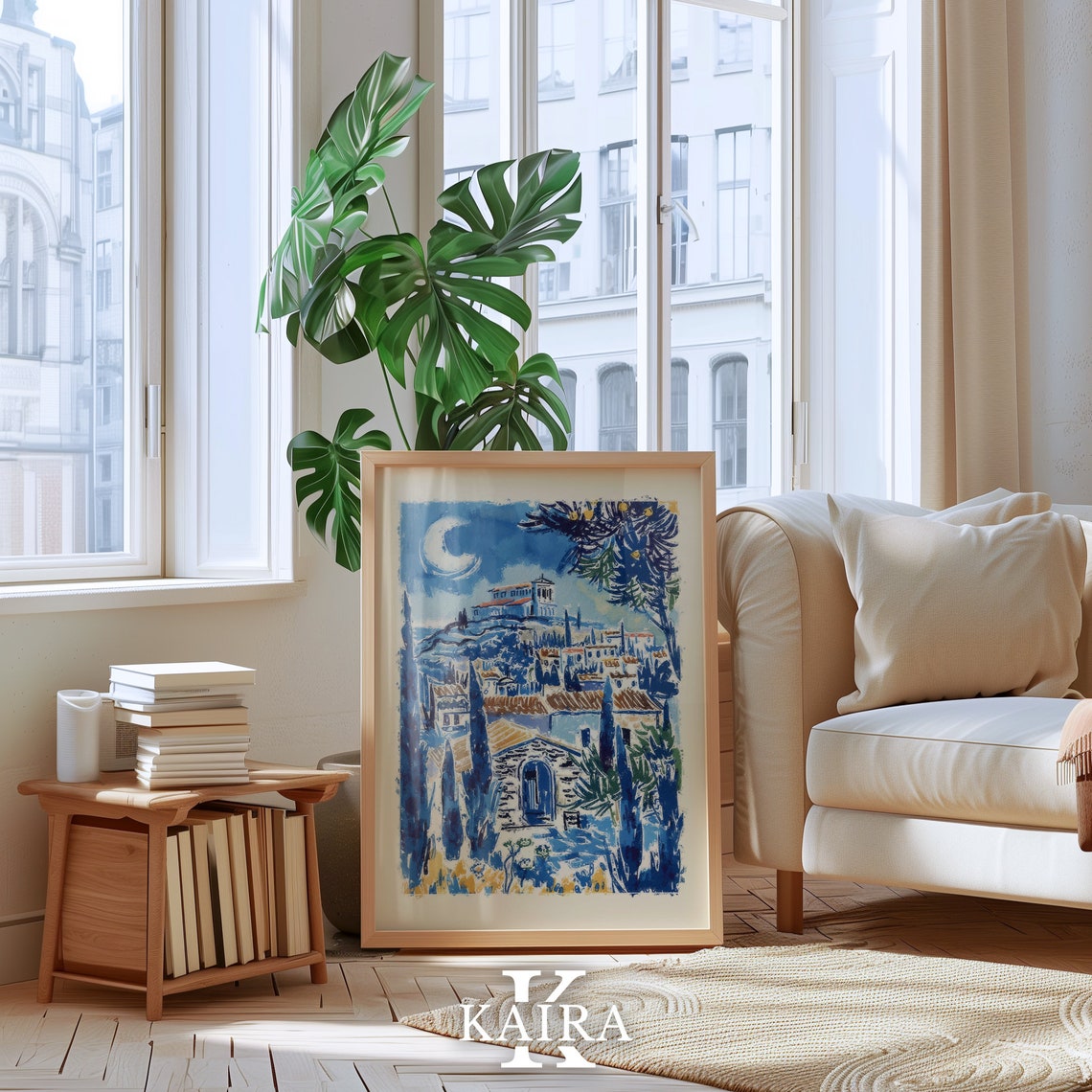 Moonlit Acropolis Above A Greek Village In Blue Watercolor Poster - Image 3