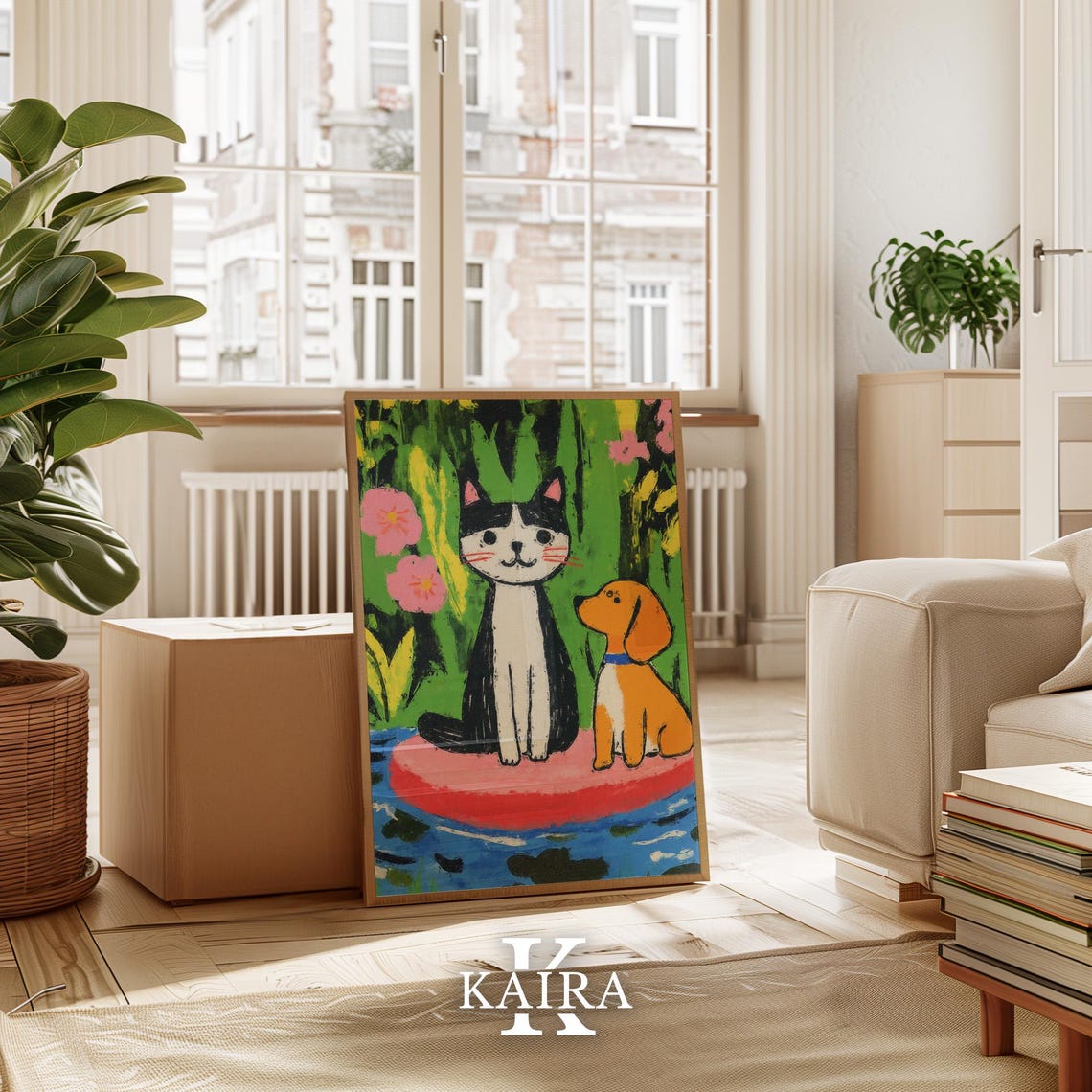 Black and White Cat With an Orange Puppy by a Garden Pond Poster - Image 3