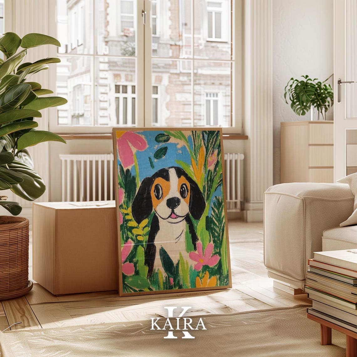 Beagle Puppy Portrait Peeking Through Green Tropical Leaves Poster - Image 3