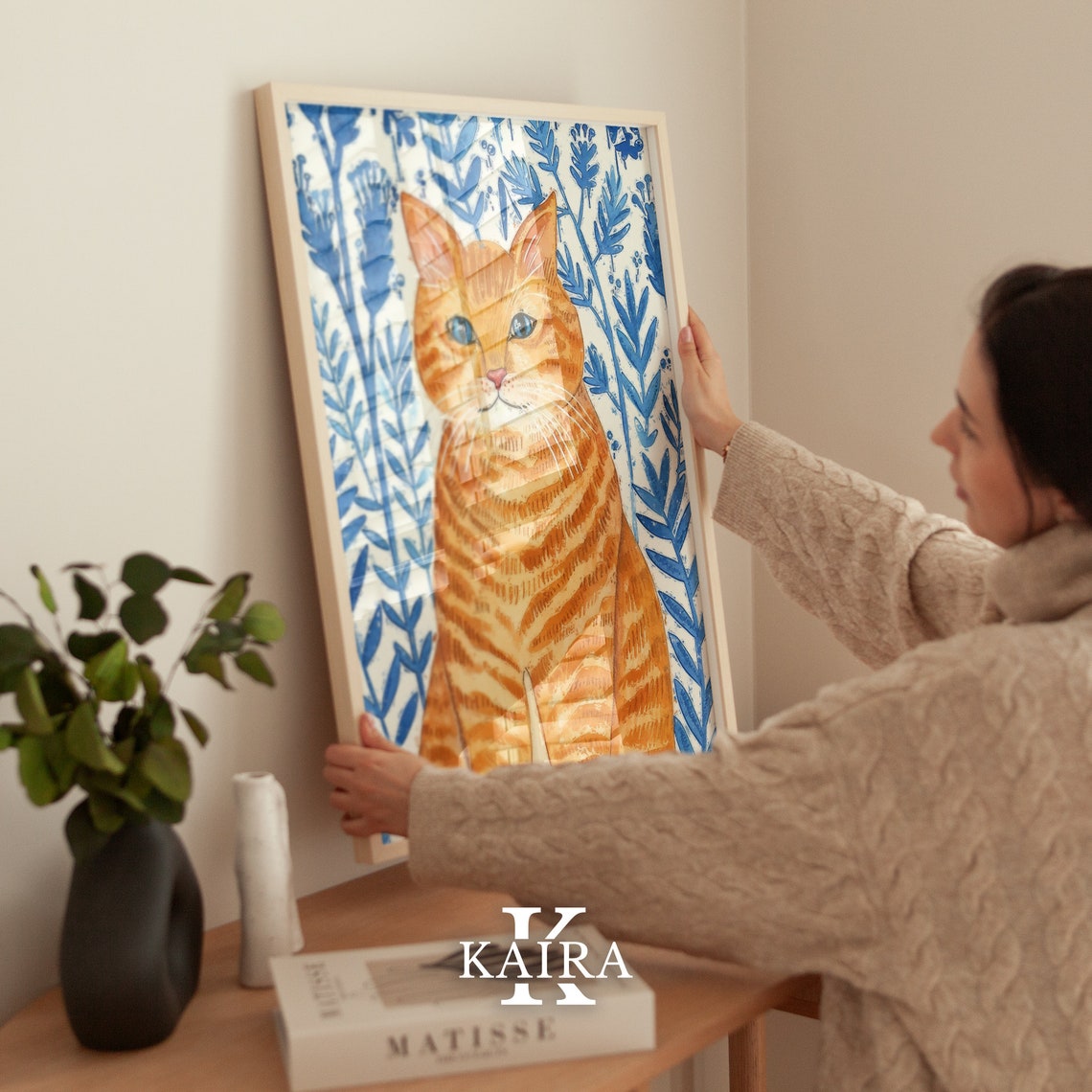 Ginger Tabby Cat Portrait With Blue Leaves Botanical Cat Poster - Image 3