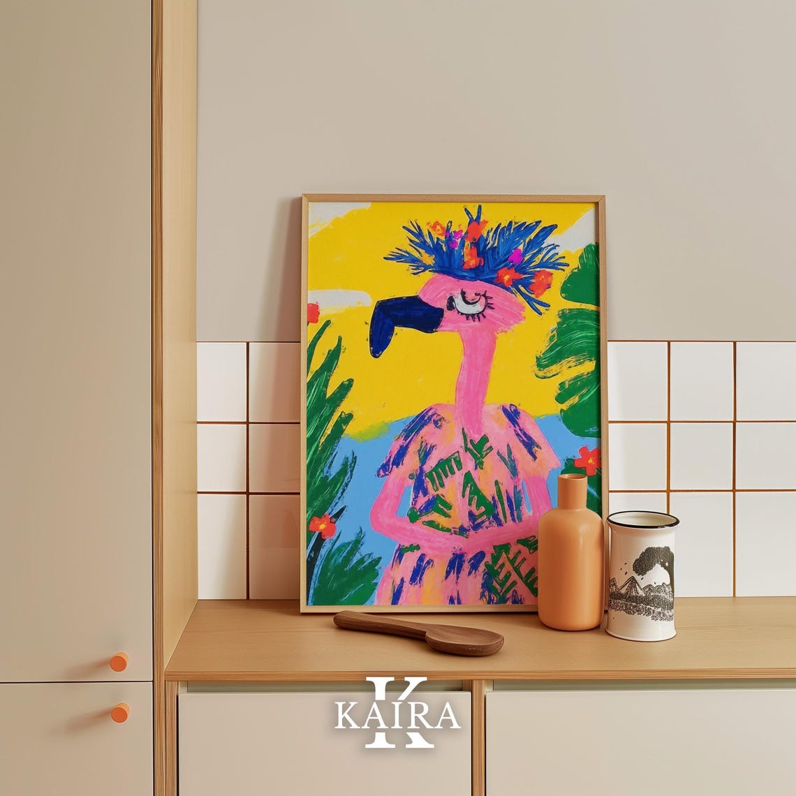 Pink Flamingo Wearing a Tropical Flower Crown on Yellow Poster - Image 3