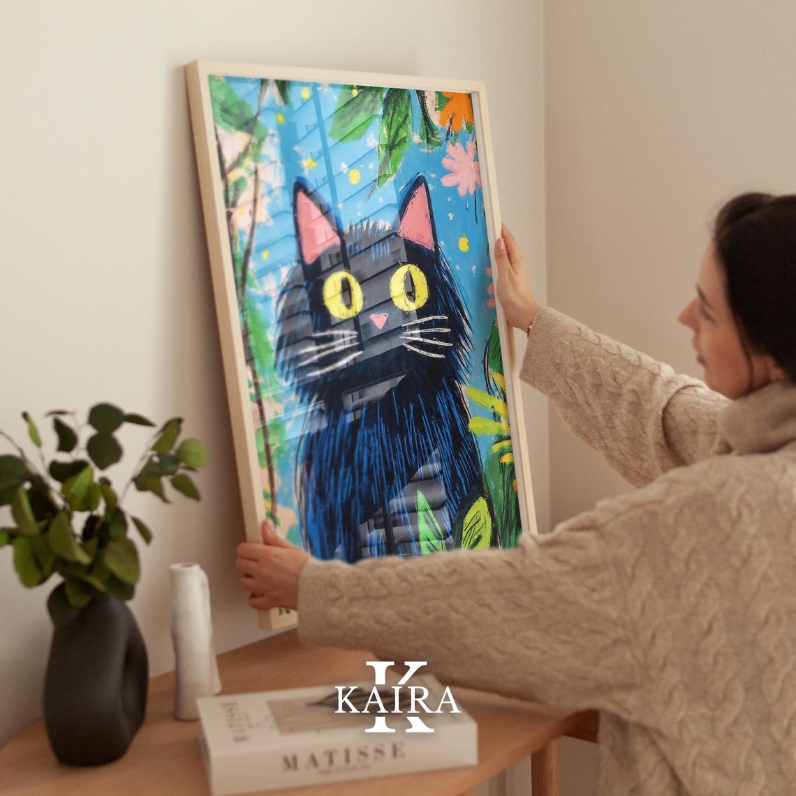 Fluffy Black Cat with Golden Yellow Eyes in a Blooming Garden Poster - Image 2