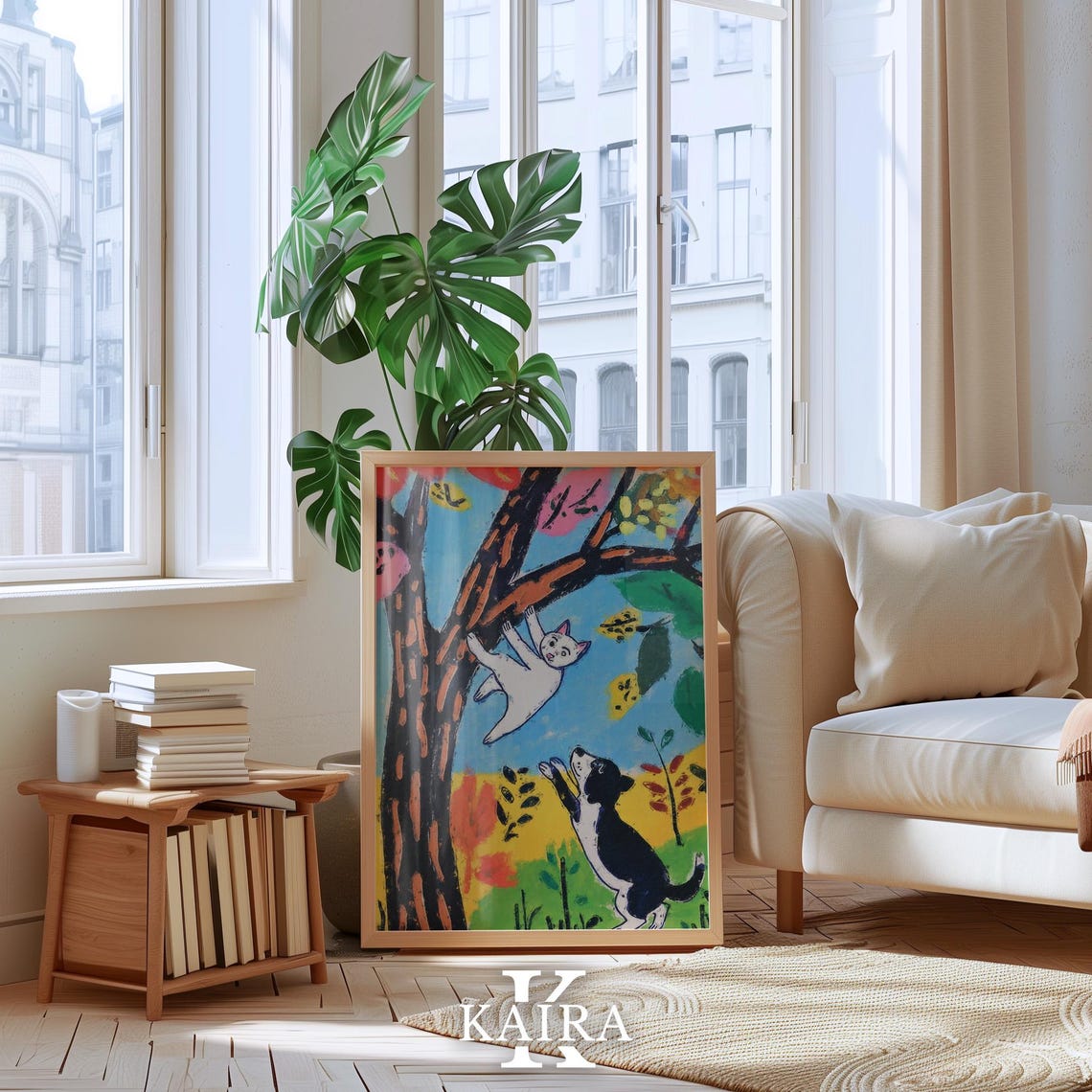 White Cat Climbing a Tree While a Puppy Watches Below Poster - Image 4