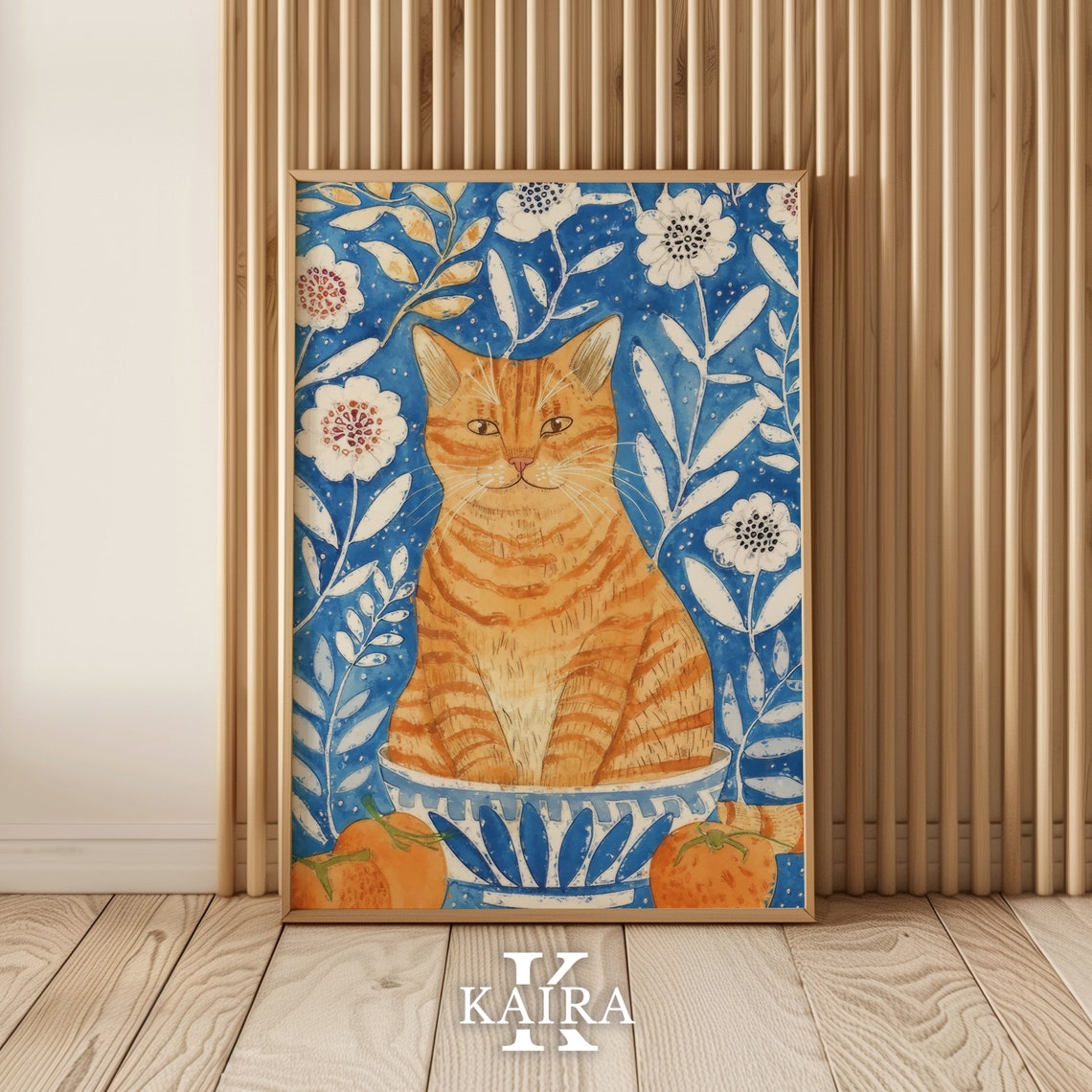 Ginger Tabby Cat On Blue Floral Botanical Background Art Poster - Image 2