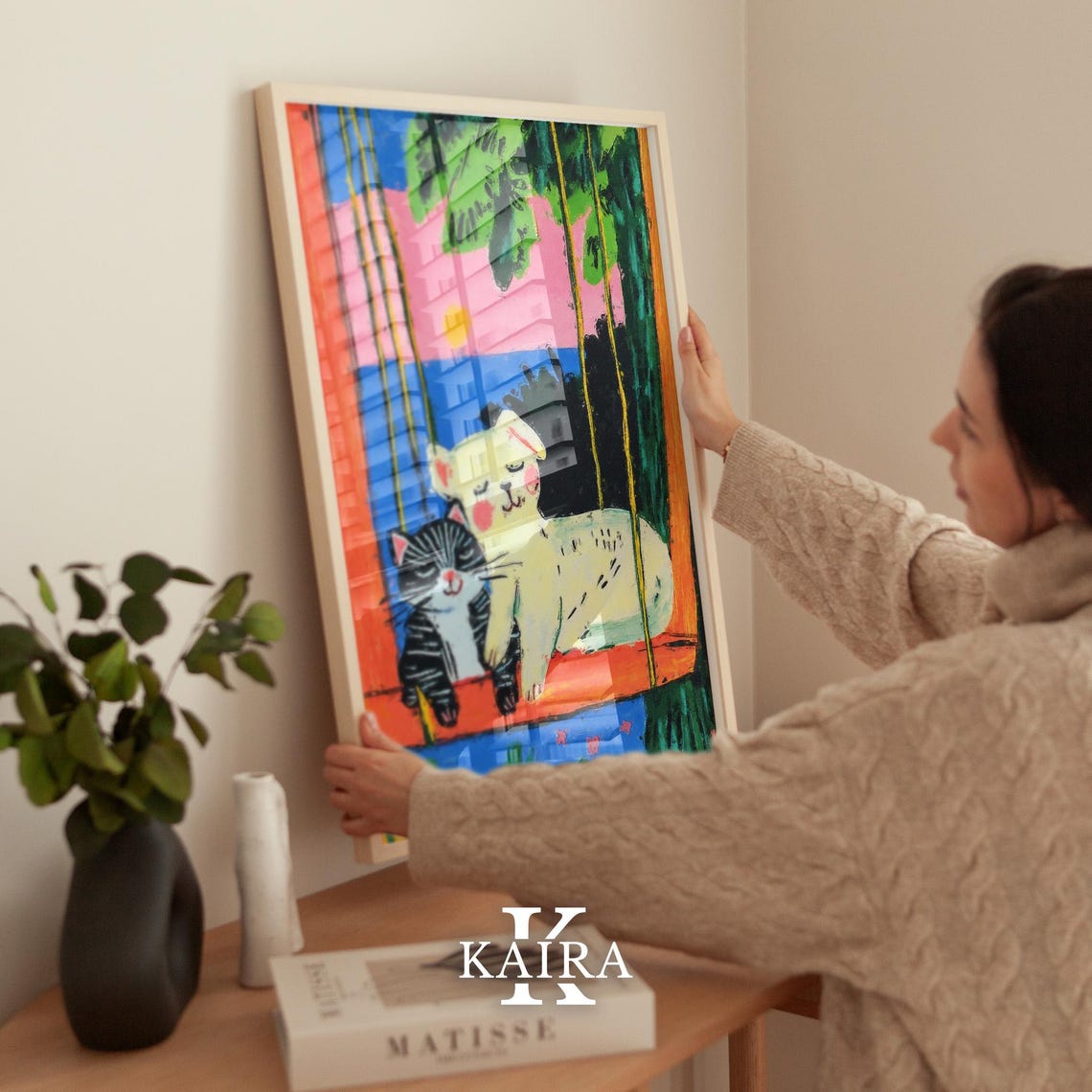 Cuddling Cat and Puppy on a Swing at a Seaside Sunset Poster - Image 2