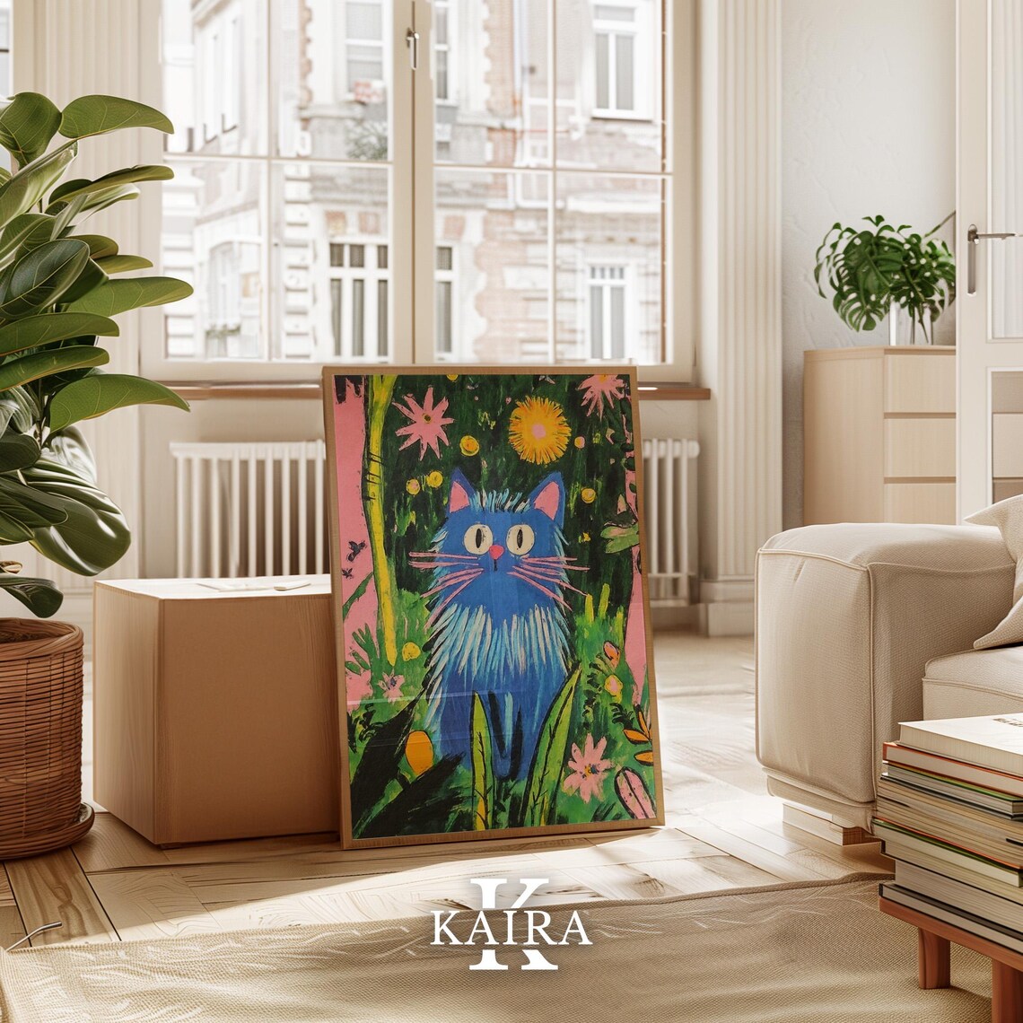 Whimsical Blue Cat with Pink Whiskers in a Magical Garden Poster - Image 3