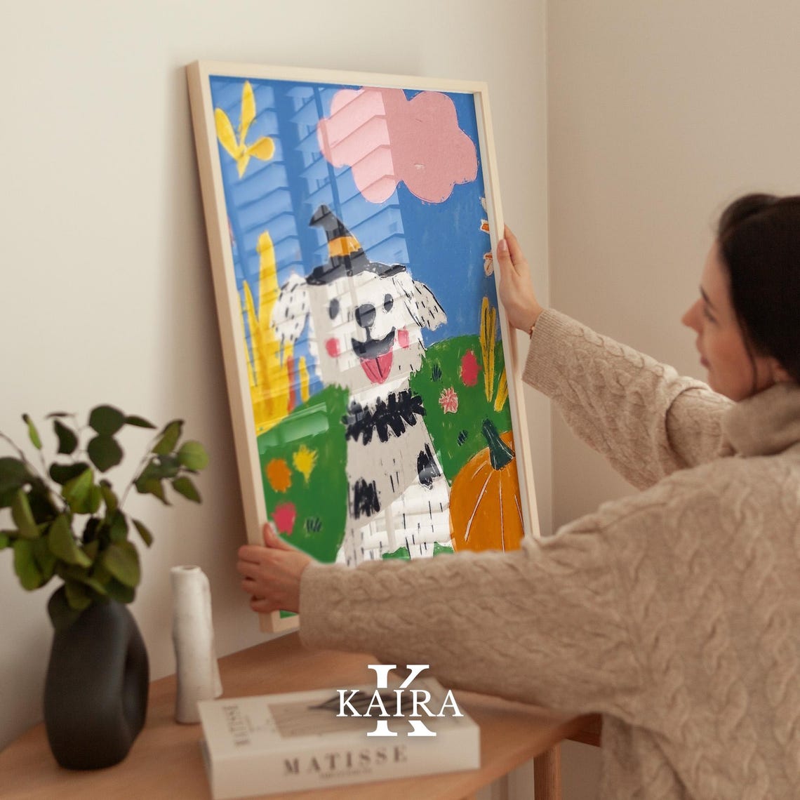 Smiling Puppy in a Witch Hat in a Bright Pumpkin Patch Poster - Image 2