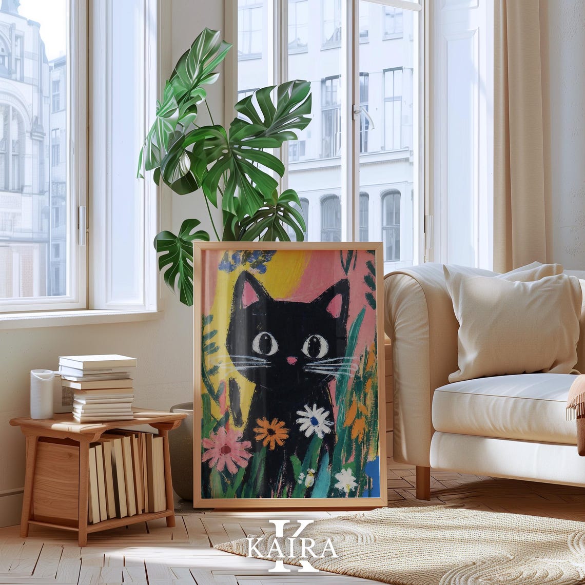 Wide-Eyed Black Kitten Sitting Among Bright Garden Flowers Poster - Image 4