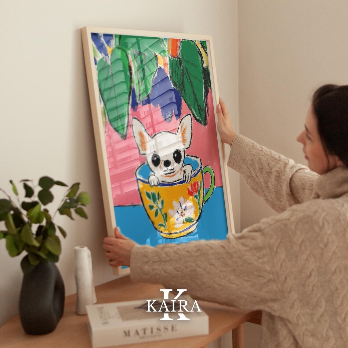 White Chihuahua Puppy Peeking Out Of A Yellow Floral Teacup Poster - Image 2
