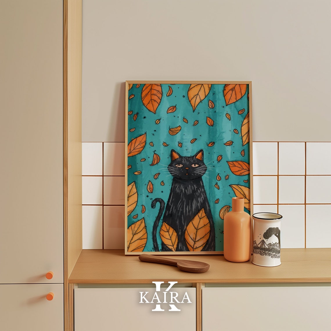 Black Cat With Falling Autumn Leaves Teal Fall Season Cat Poster - Image 5