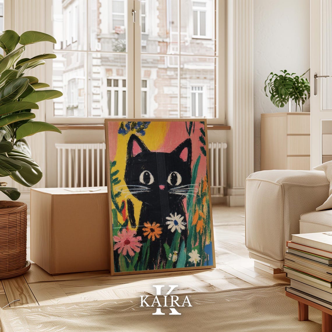 Wide-Eyed Black Kitten Sitting Among Bright Garden Flowers Poster - Image 3