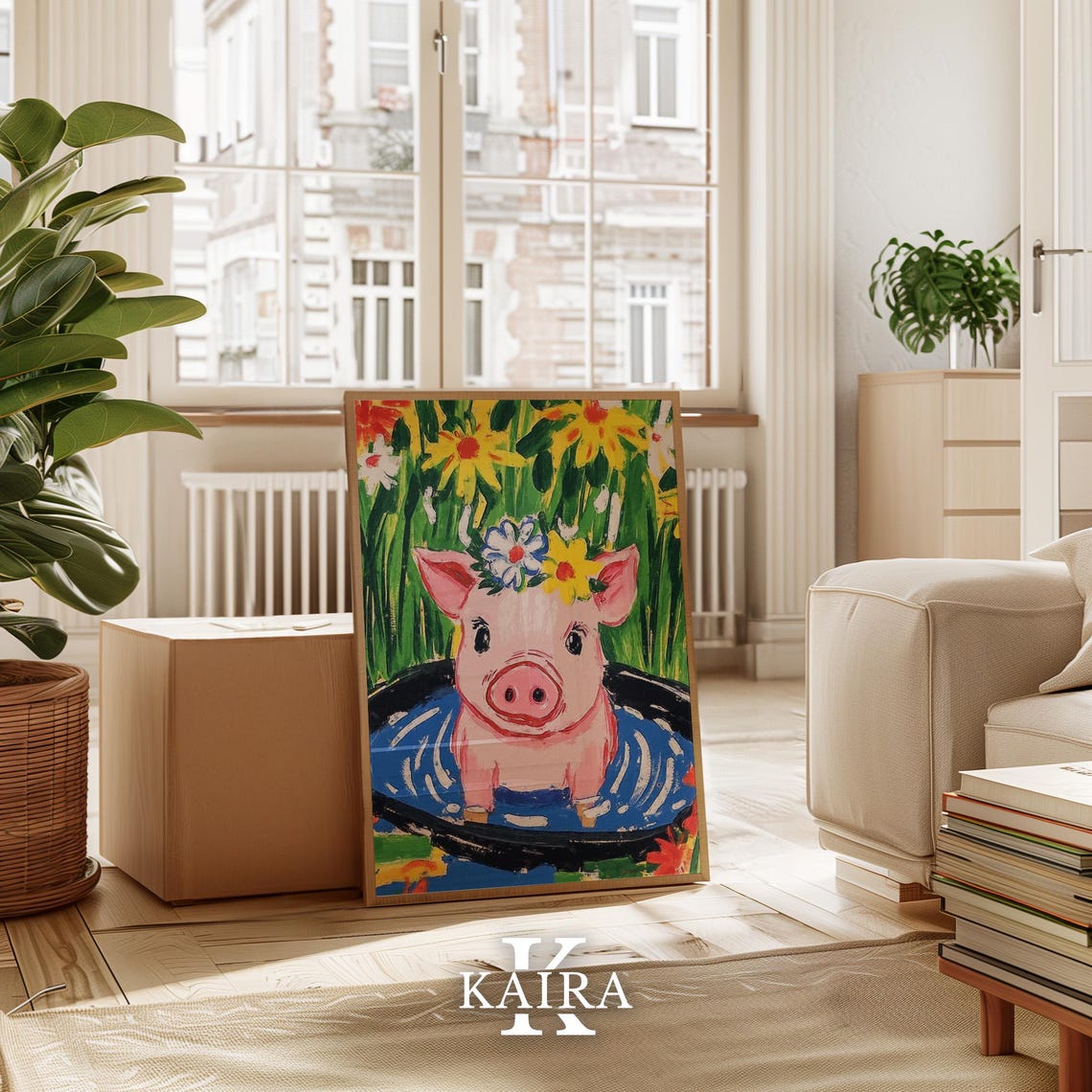 Pink Piglet Bathing in a Blue Tub Wearing a Flower Crown Poster - Image 3