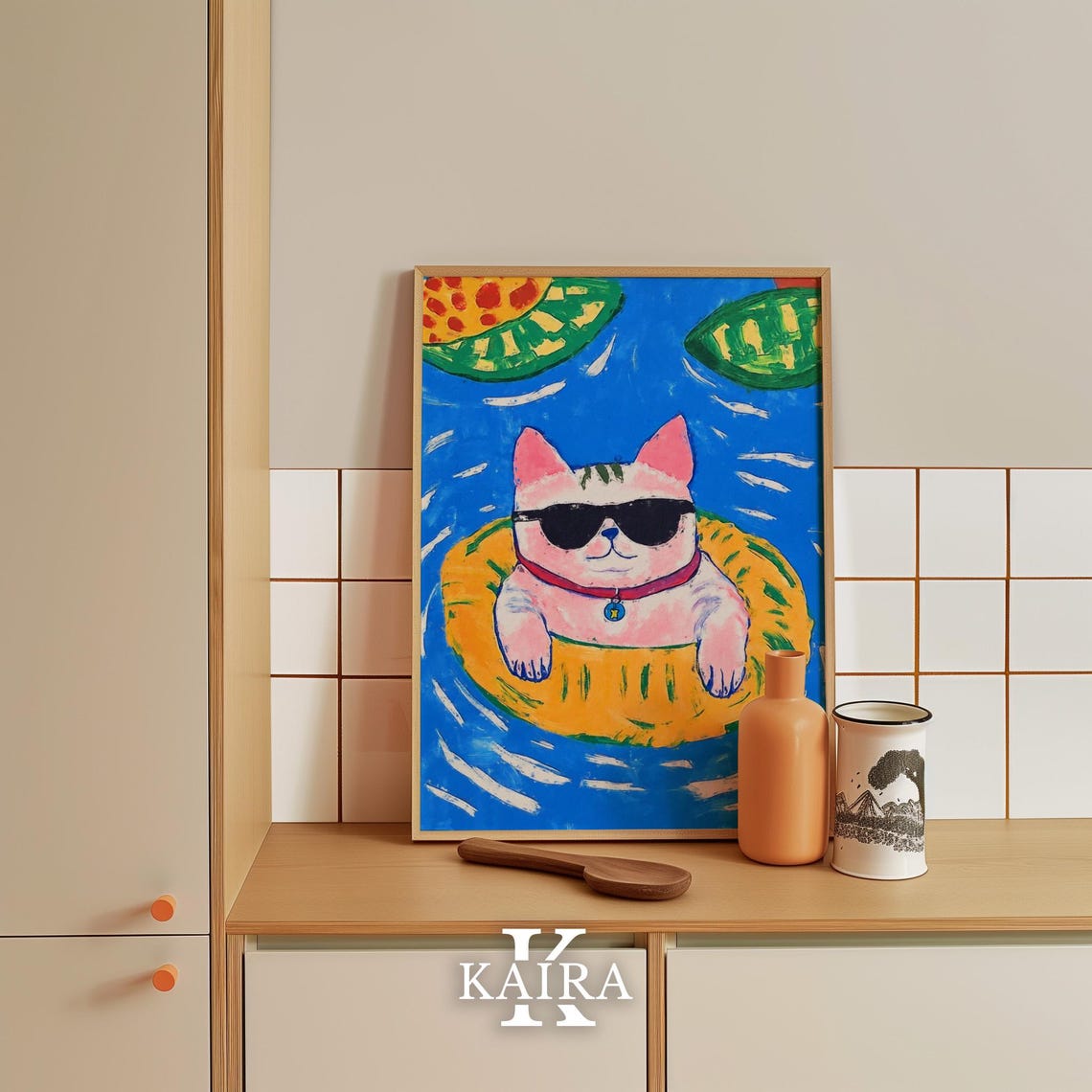Cool Cat in Sunglasses Floating on a Yellow Pool Float Poster - Image 5