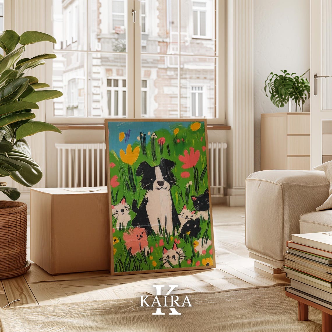 Border Collie Puppy Surrounded by Kittens in a Flower Field Poster - Image 3