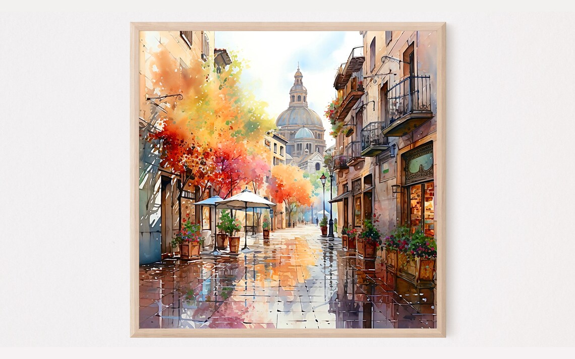Rainy Autumn Old Town Street Watercolor Dome Church Cafe Painting Poster