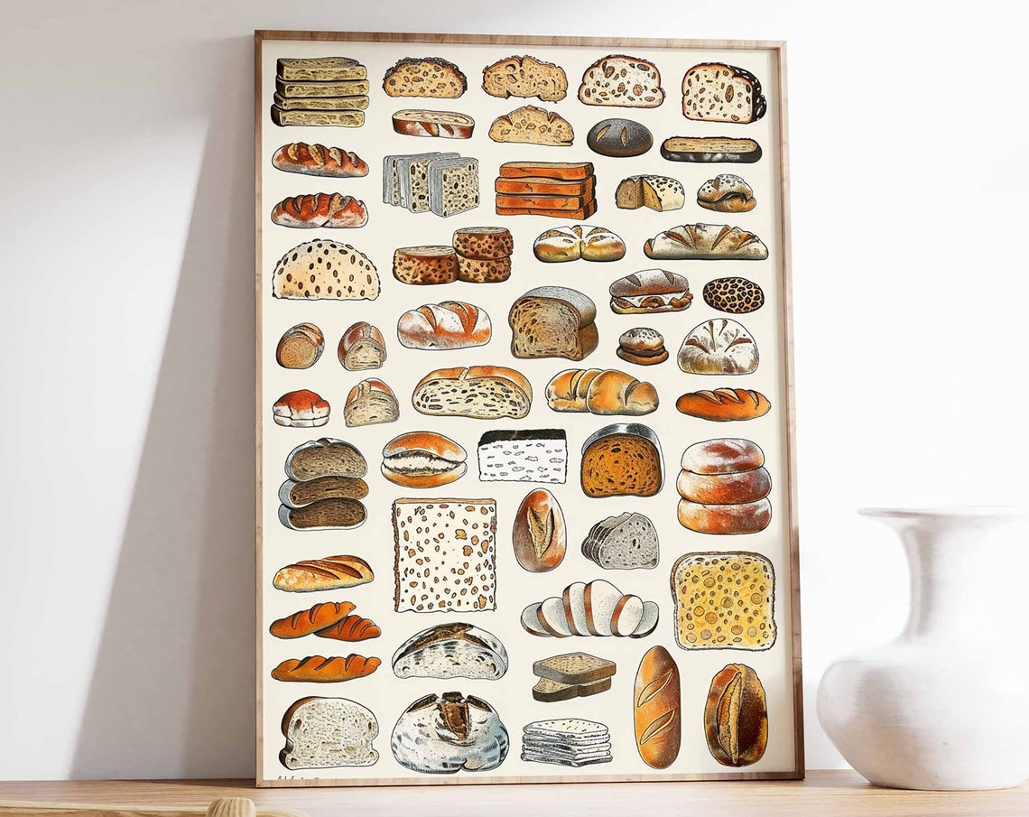 Illustrated Bread Collection Baguettes Loaves Bakery Kitchen Poster
