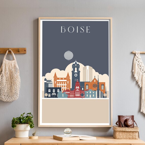 Boise Idaho Skyline Poster in Navy with Downtown Buildings Art