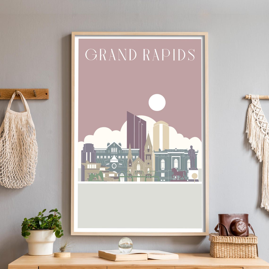 Grand Rapids Mauve Skyline Flat Illustration Michigan Cityscape Poster