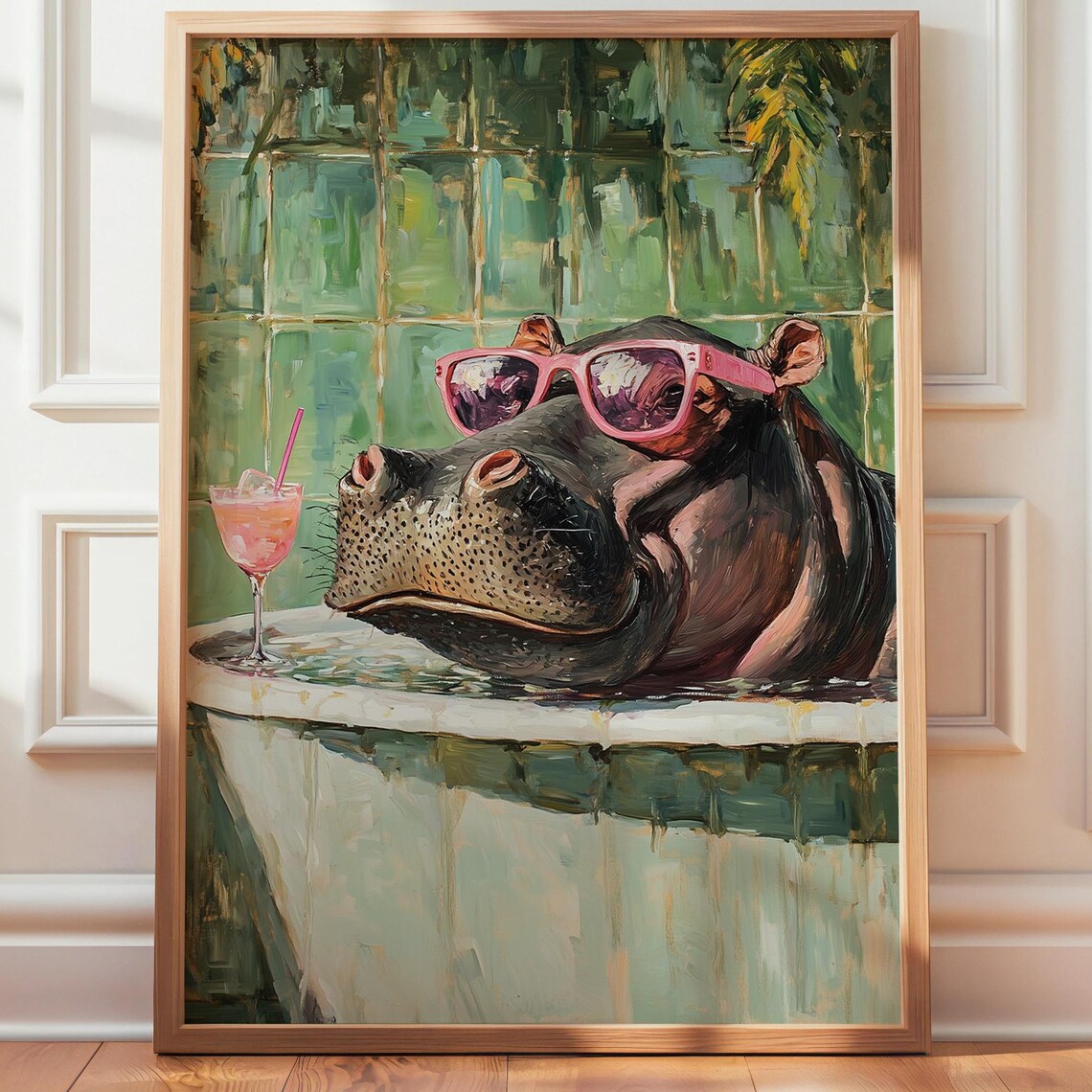 Hippo Quirky Bathroom Poster, Retro Animal Art Print