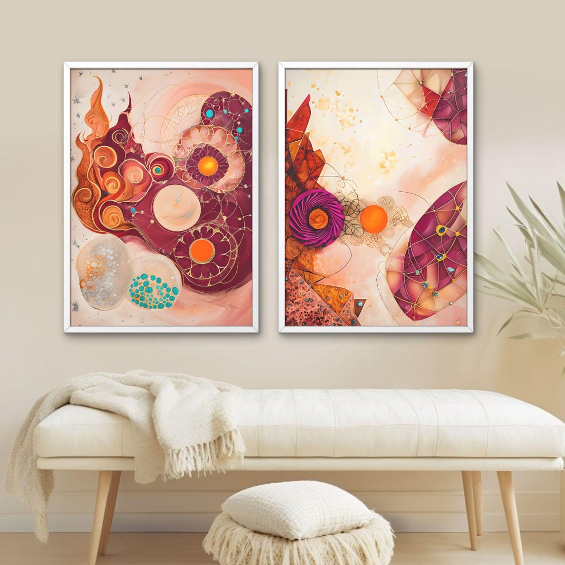 Abstract Floral Geometric Diptych Magenta Orange Modern Wall Art Pair
