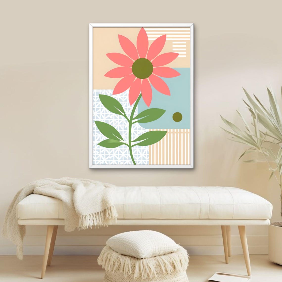 Modern Geometric Pink Flower Botanical Minimalist Abstract Art Poster