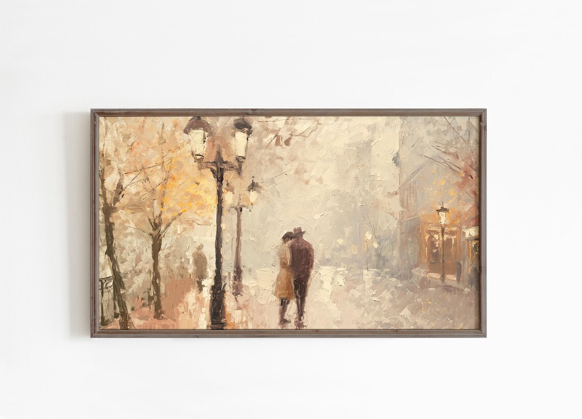 Romantic Couple Strolling Winter Street Lamps Vintage Love Art Poster