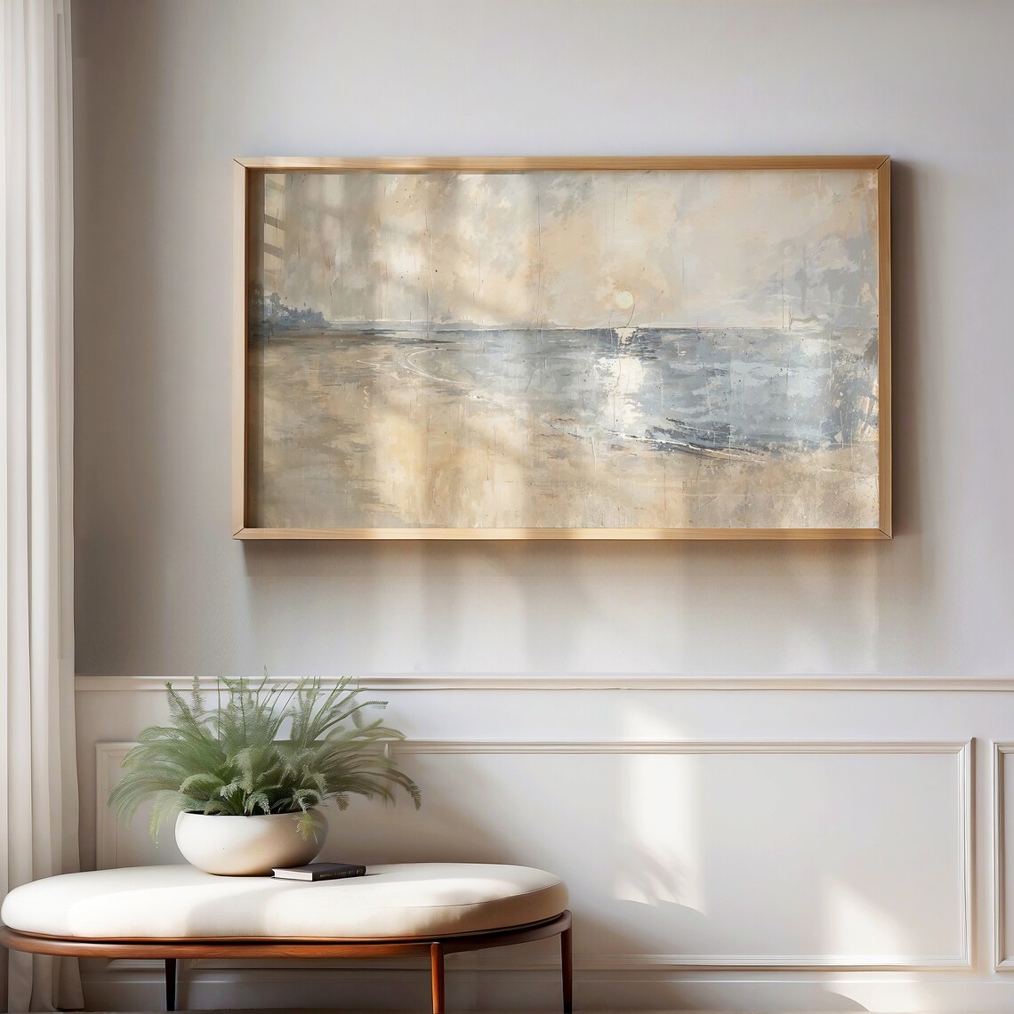 Golden Sunset Beach Seascape Soft Gray Beige Vintage Art Poster - Image 4